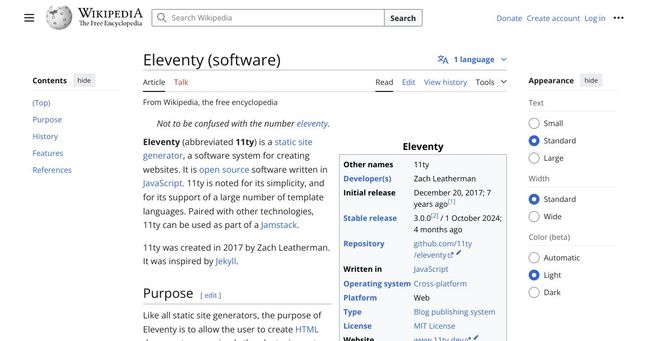 A screenshot of the Wikipedia page for Eleventy